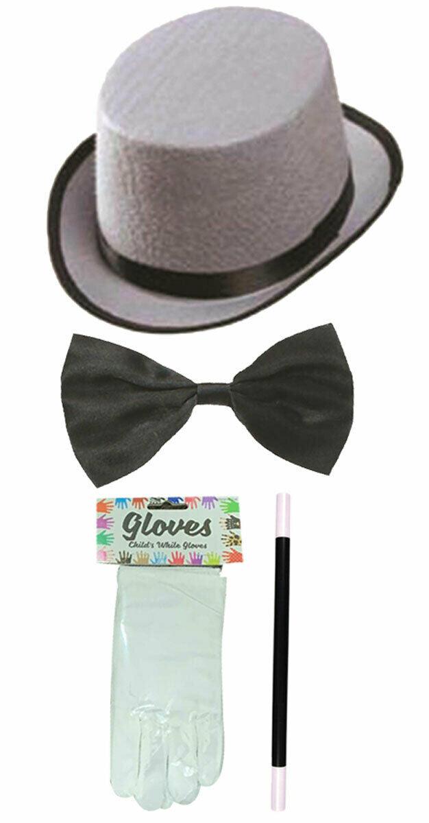 Kids Grey Top Hat Bow Tie Gloves Magic Wand Magician Boy Fancy Dress Set - Labreeze