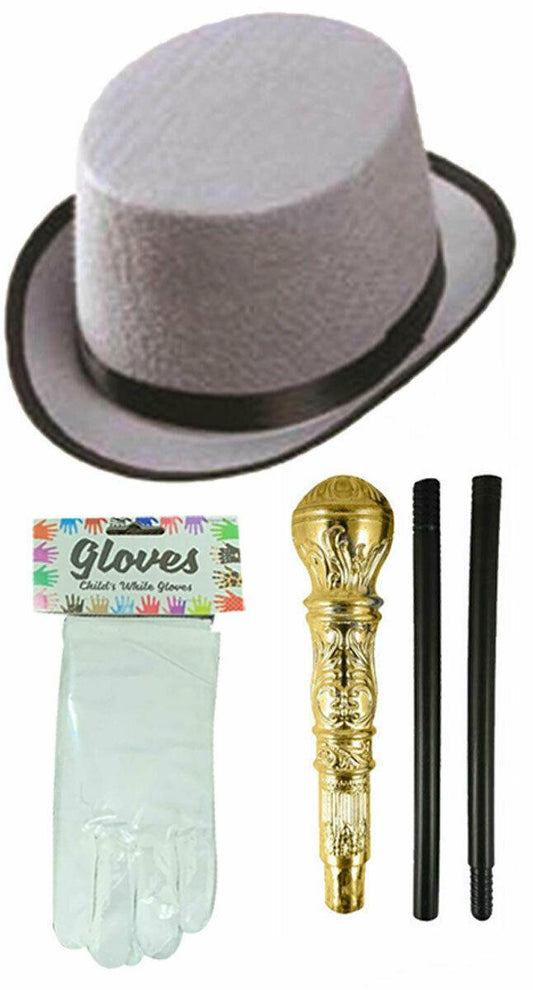 Kids Grey Top Hat with Gold Pimp Stick Gloves Victorian Style Fancy Dress Set - Labreeze