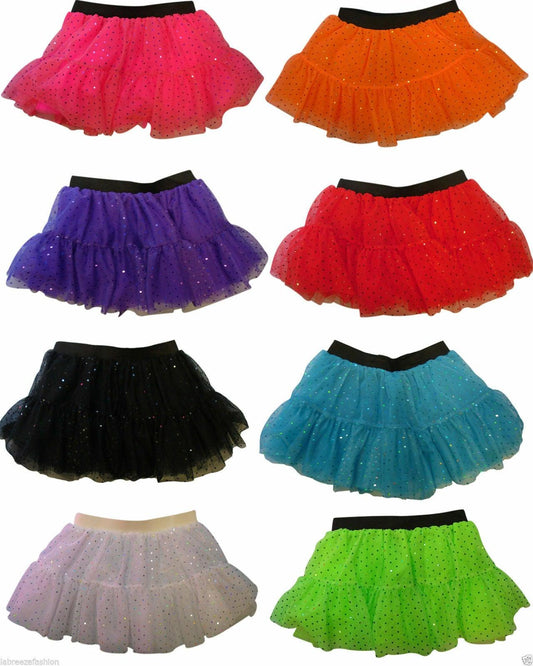 Kids Sequin Tutu Skirt Layer Neon Florescent Costume 1980 party Fancy Dress - Labreeze