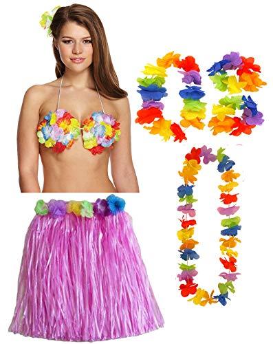 labreeze Ladies Pink 40 Cm Hula Skirt 4 Pcs Lei Set Flower Bra Hen Party Fancy Dress - Labreeze