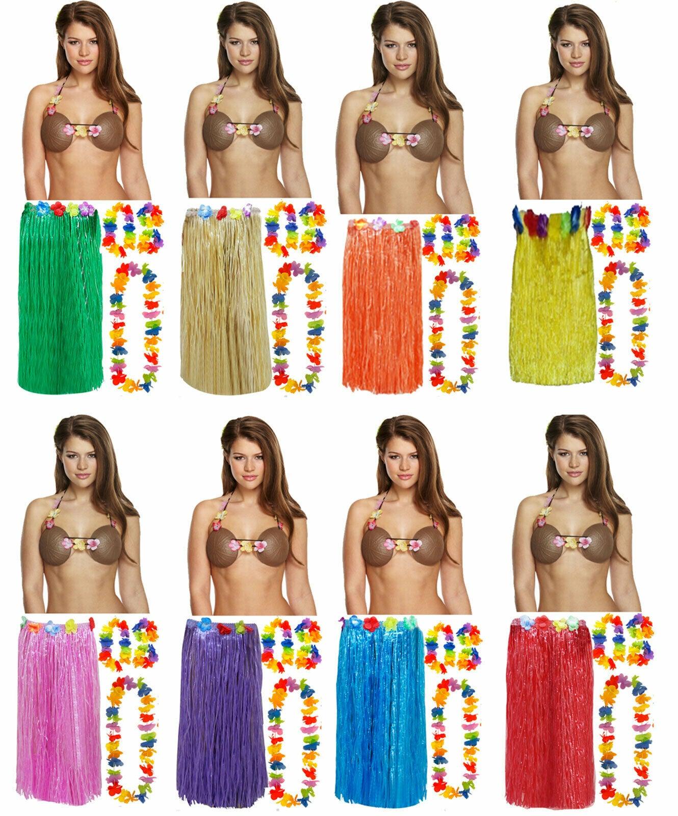 Ladies 80 Cm Hula Grass Skirt 4 Pcs Lei Coconut Bra Hawaiian Beach Party Costume - Labreeze