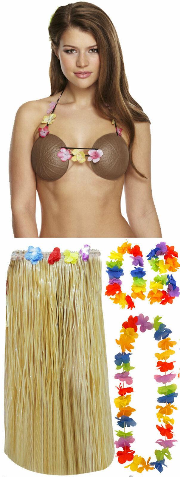 Ladies 80 Cm Hula Grass Skirt 4 Pcs Lei Coconut Bra Hawaiian Beach Party Costume - Labreeze