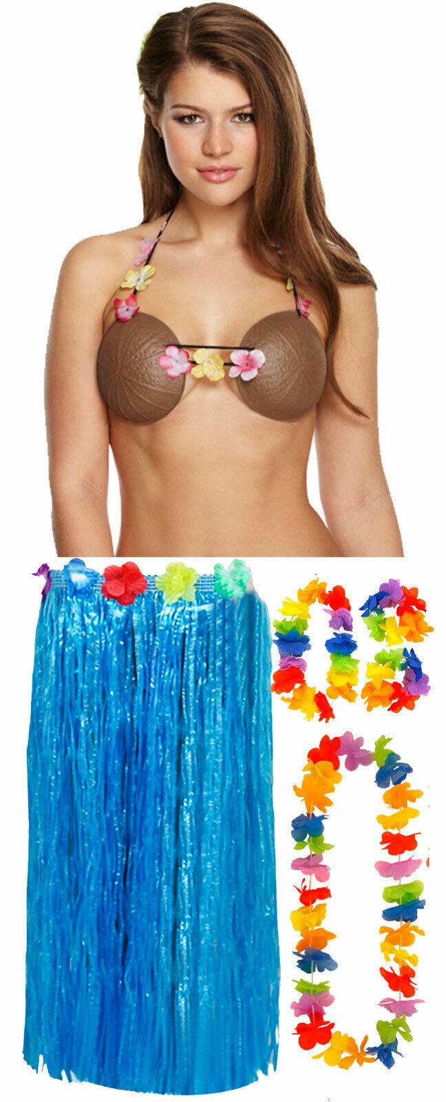 Ladies 80 Cm Hula Grass Skirt 4 Pcs Lei Coconut Bra Hawaiian Beach Party Costume - Labreeze