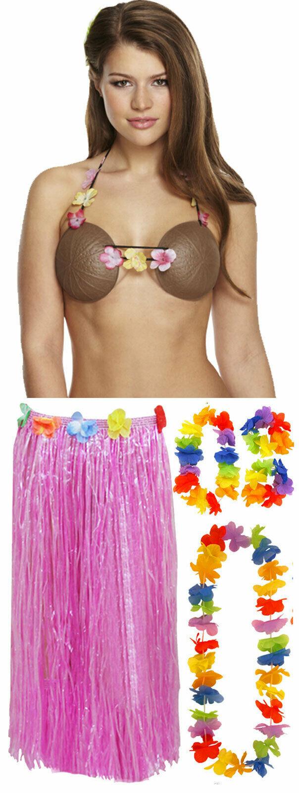 Ladies 80 Cm Hula Grass Skirt 4 Pcs Lei Coconut Bra Hawaiian Beach Party Costume - Labreeze