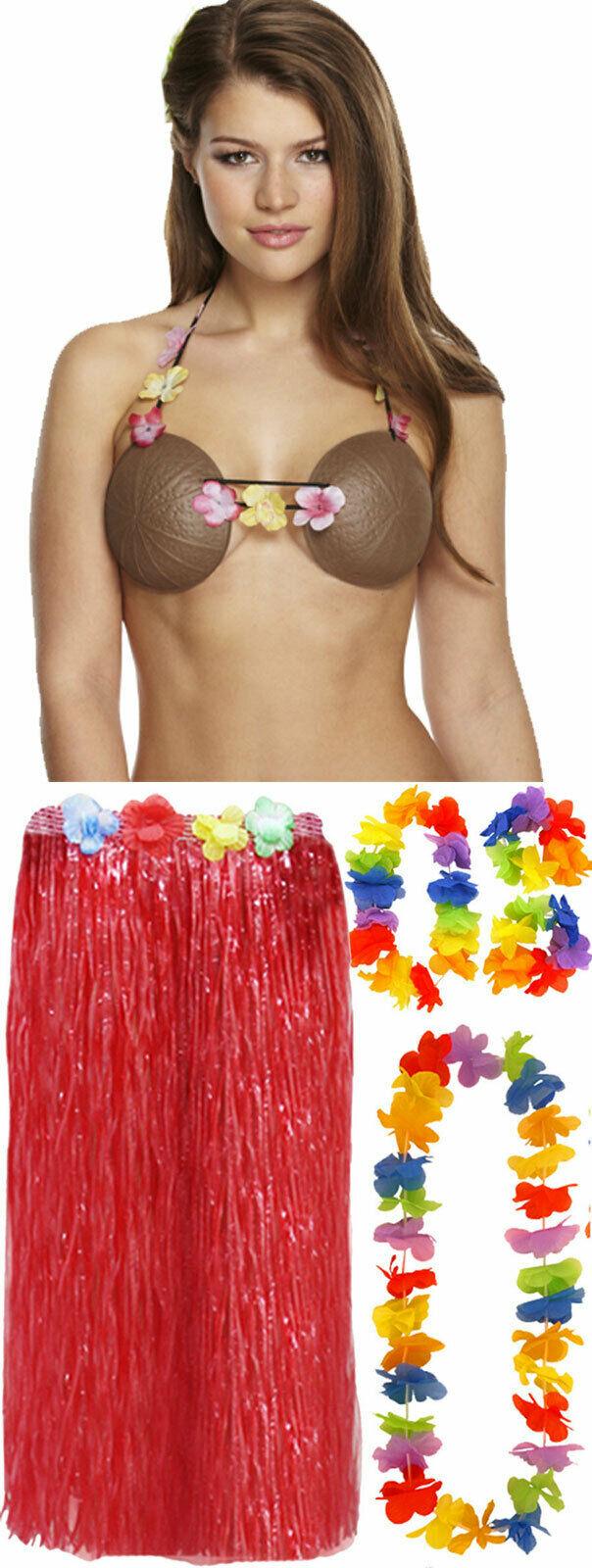 Ladies 80 Cm Hula Grass Skirt 4 Pcs Lei Coconut Bra Hawaiian Beach Party Costume - Labreeze