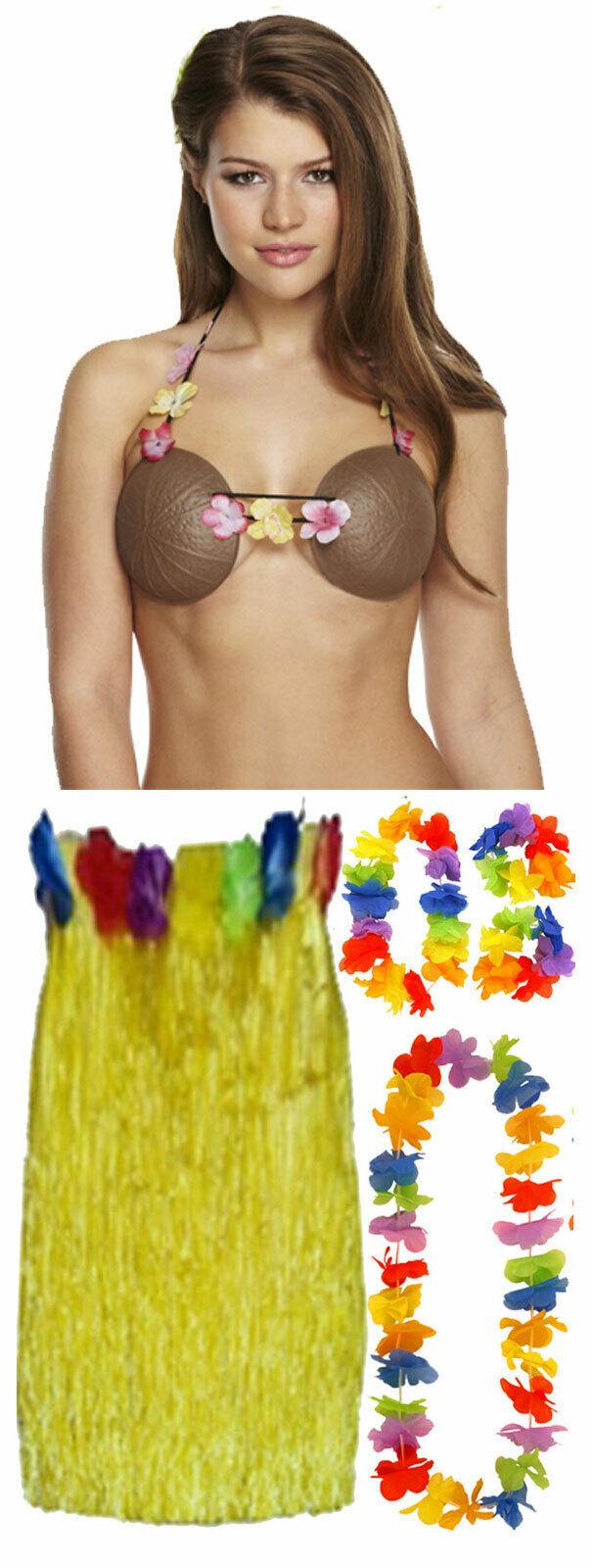 Ladies 80 Cm Hula Grass Skirt 4 Pcs Lei Coconut Bra Hawaiian Beach Party Costume - Labreeze