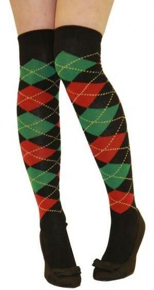 Ladies Argyle Black Red and Green Thigh High Girls Stretchy Over the Knee Socks - Labreeze