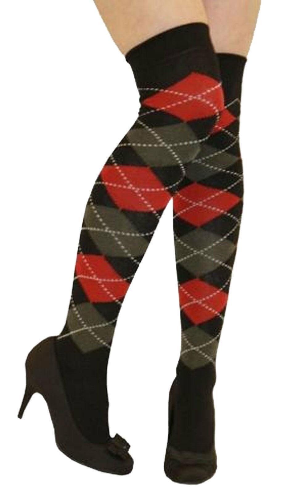 Ladies Argyle Black Red Thigh High Girls Stretchy Over the Knee Socks - Labreeze