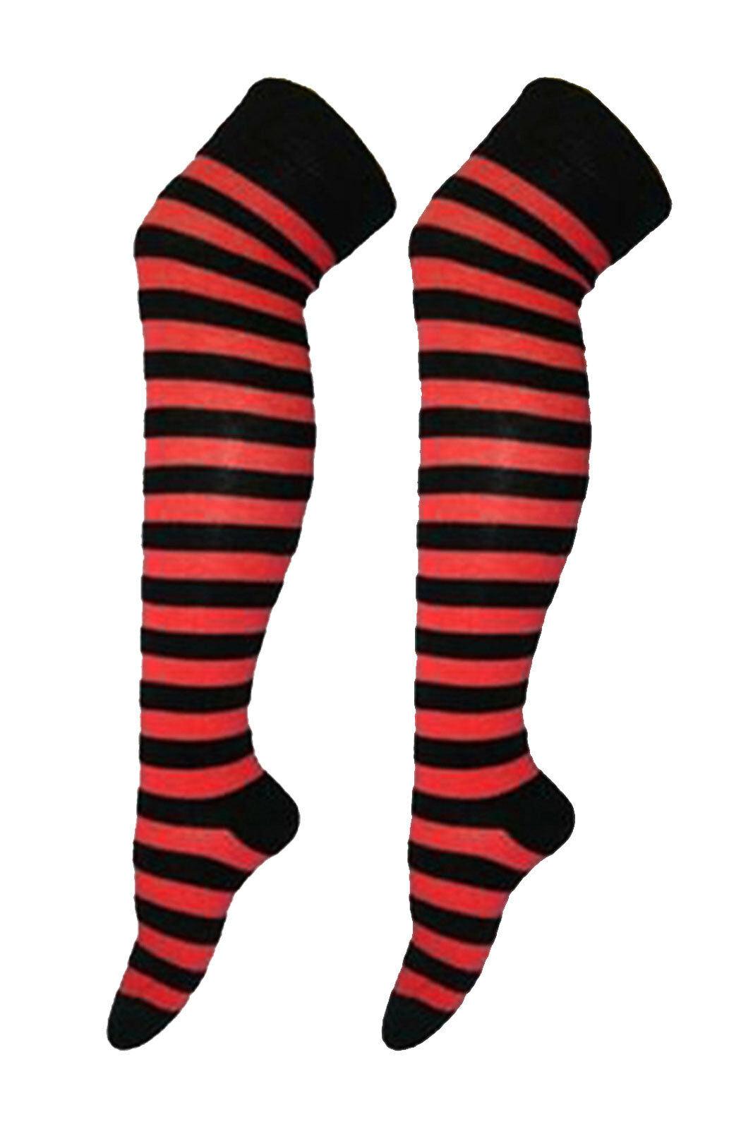 Ladies Black Red StripThigh High Girls Stretchy Over the Knee Socks - Labreeze