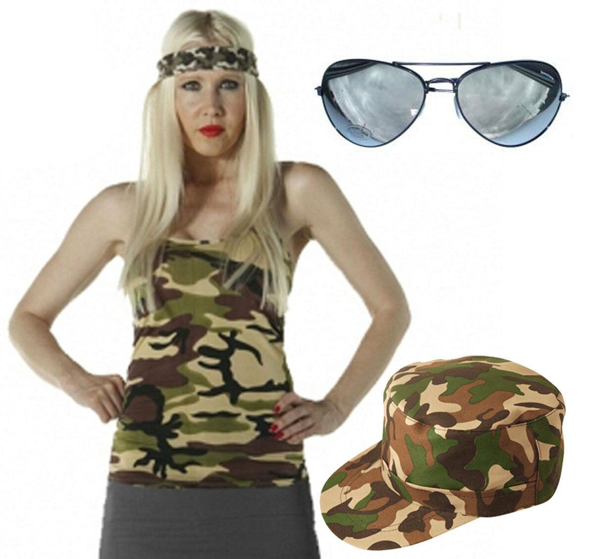 Ladies Camouflage Cap Vest Top Pop Icon Sunglasses Armed Forces Fancy Dress Set - Labreeze