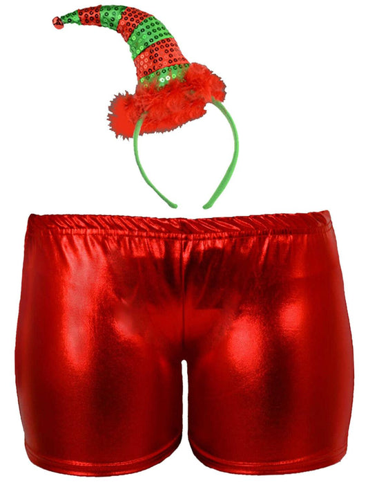 Ladies Christmas Red Metallic Hot Shorts Elf Sequin Headband Xmas Fancy Dress - Labreeze