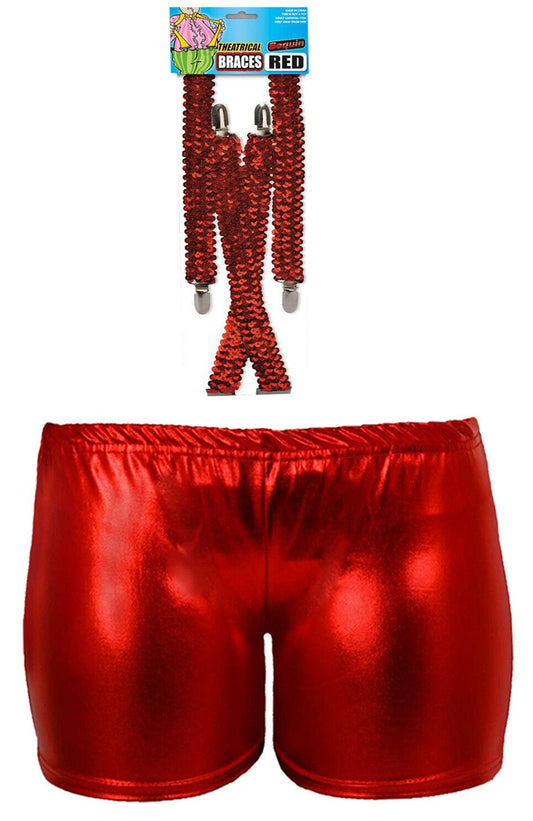 Ladies Christmas Red Metallic Hot Shorts Sequin Sparkly 2 Pcs Xmas Fancy Dress - Labreeze