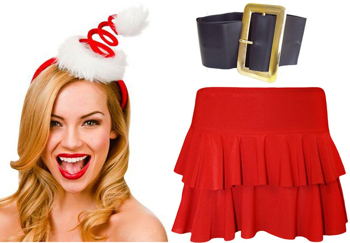 Ladies Christmas Red Rara Skirt Spiral Santa Headband Buckle belt Fancy Dress - Labreeze