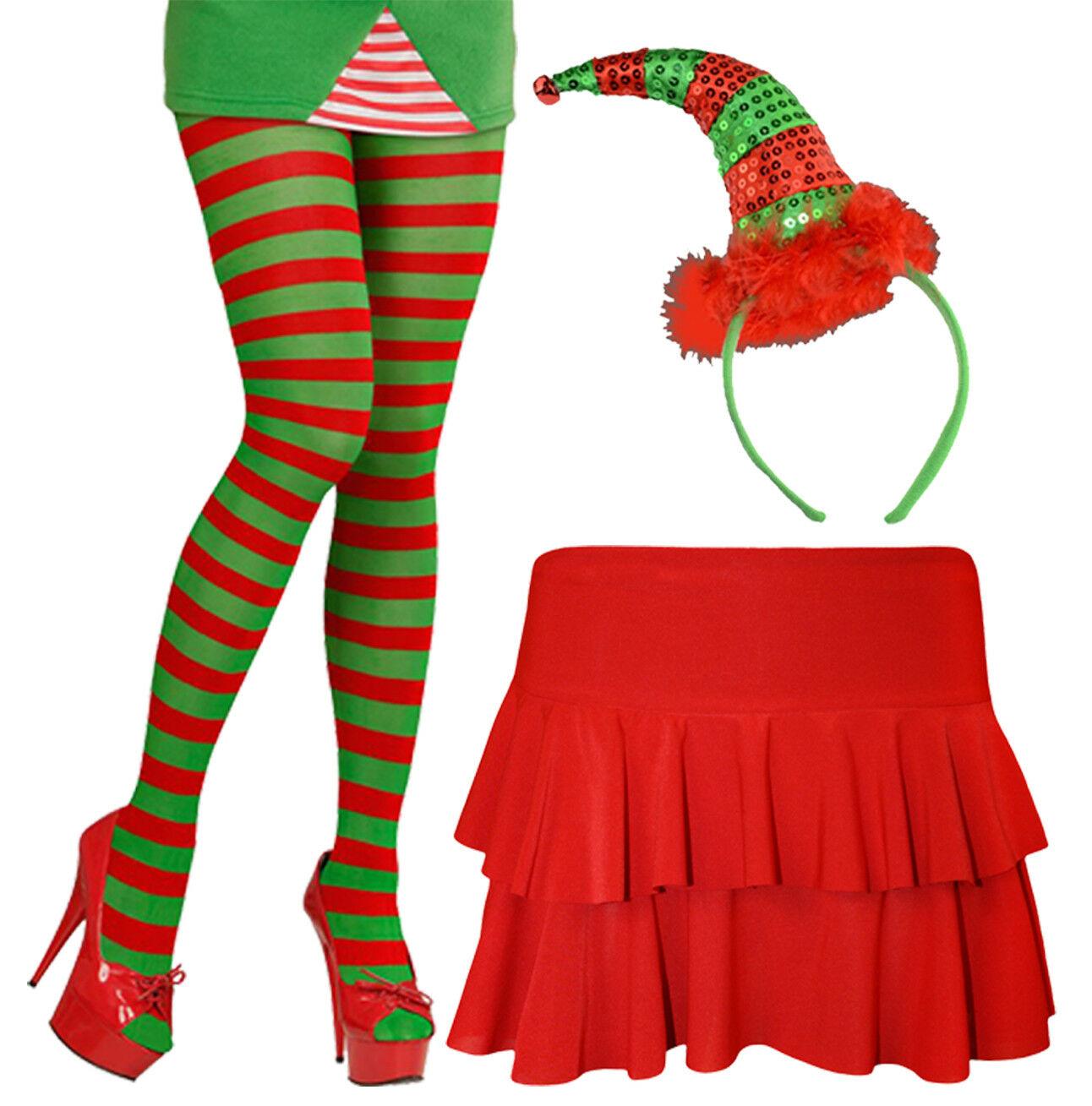 Ladies Christmas Santa Elf Red Green Tights Sequin Headband Rara Skirt Costume - Labreeze