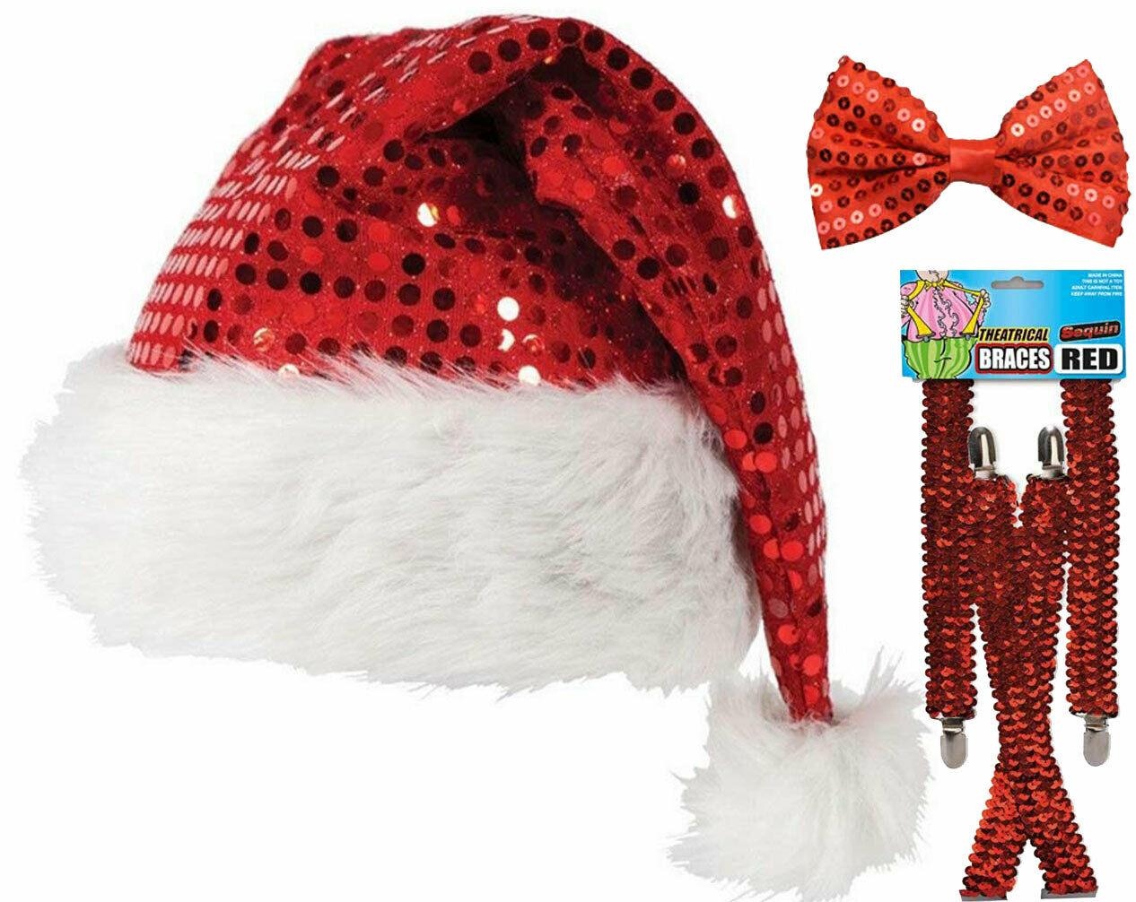 Ladies Christmas Sequin Santa Hat Sparkly Red Bow Tie Braces Xmas Accessory Set - Labreeze