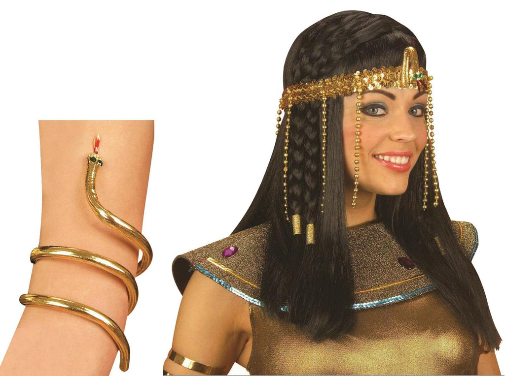 Ladies Egyptian Gold Sequin Snake Headdress Armband Cleopatra Fancy Dress  Set