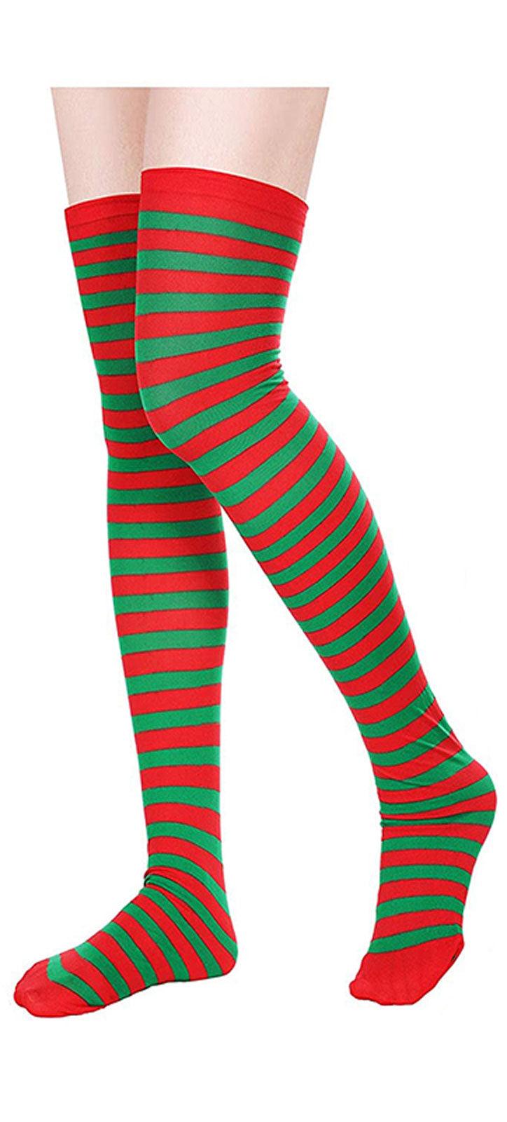 Ladies Elf Stripy Christmas Tree Candy Cane OTK Socks Christmas Xmas Fancy Dress - Labreeze