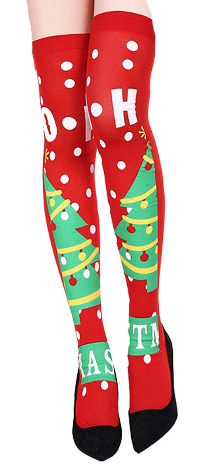 Ladies Elf Stripy Christmas Tree Candy Cane OTK Socks Christmas Xmas Fancy Dress - Labreeze