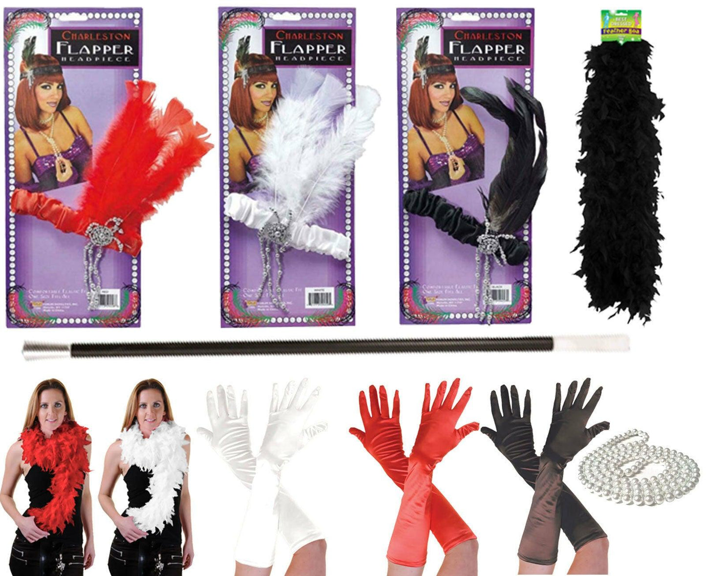 Ladies Girls 1920s Flapper Charleston Gloves Boas Headband Gangster Fancy Dress - Labreeze