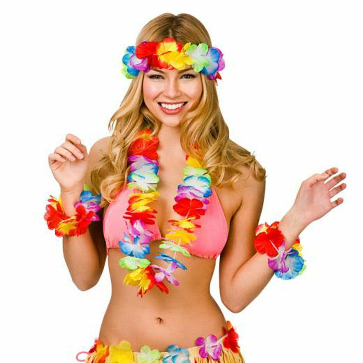 Ladies Girls Aloha 4Pc Hawaiian Set Summer Holiday Beach Party Fancy Dress - Labreeze