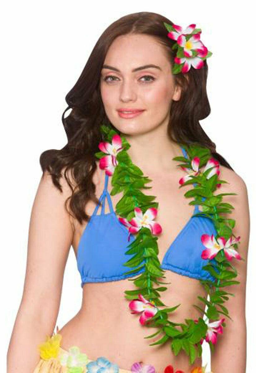 Ladies Girls Green Leaf Lei with Flowers Hawaiian Summer Holiday Beach Party Lei - Labreeze