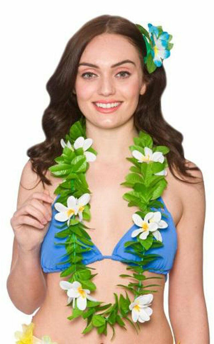 Ladies Girls Green Leaf Lei with Flowers Hawaiian Summer Holiday Beach Party Lei - Labreeze