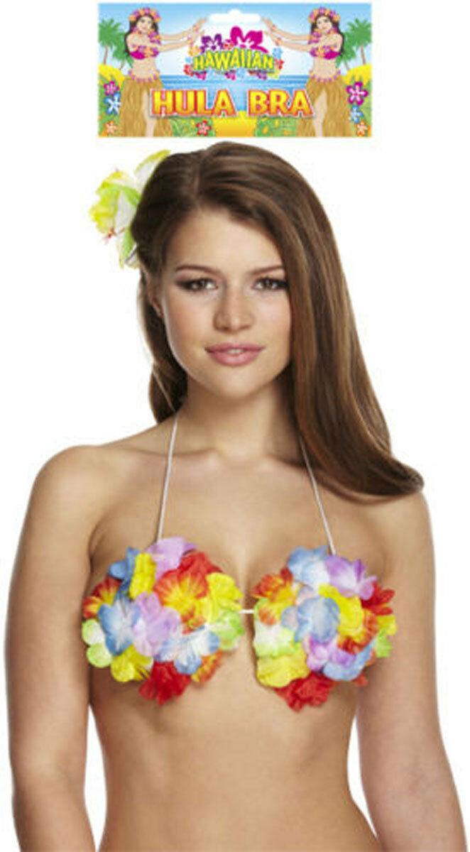 Ladies Girls Hawaiian Flower Lei Hula Bra Beach Party Fancy Dress - Labreeze