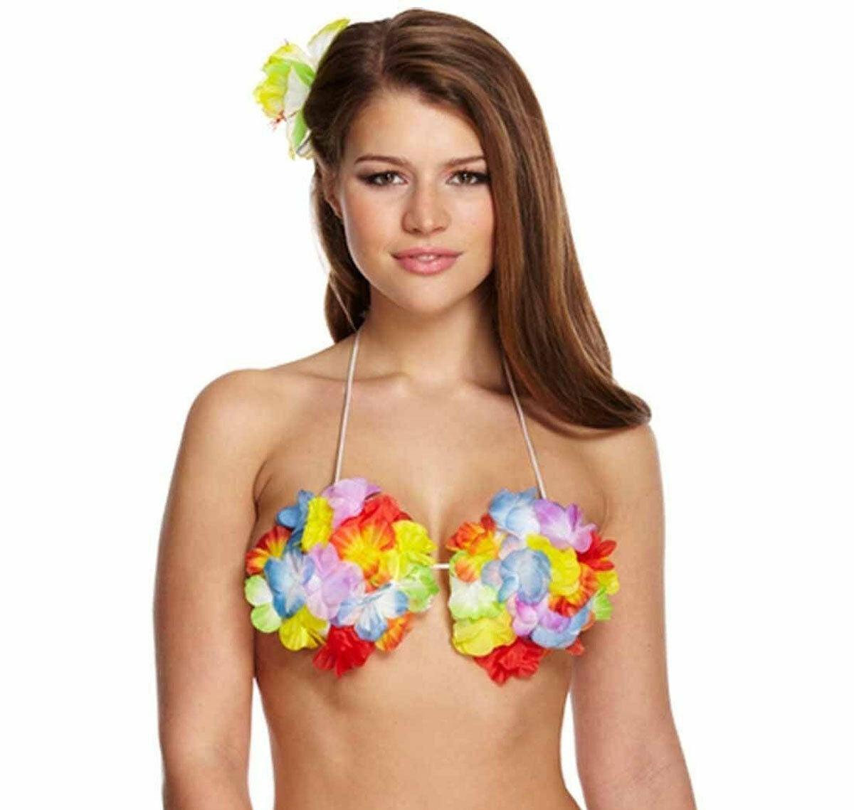 Ladies Girls Hawaiian Flower Lei Hula Bra Beach Party Fancy Dress - Labreeze