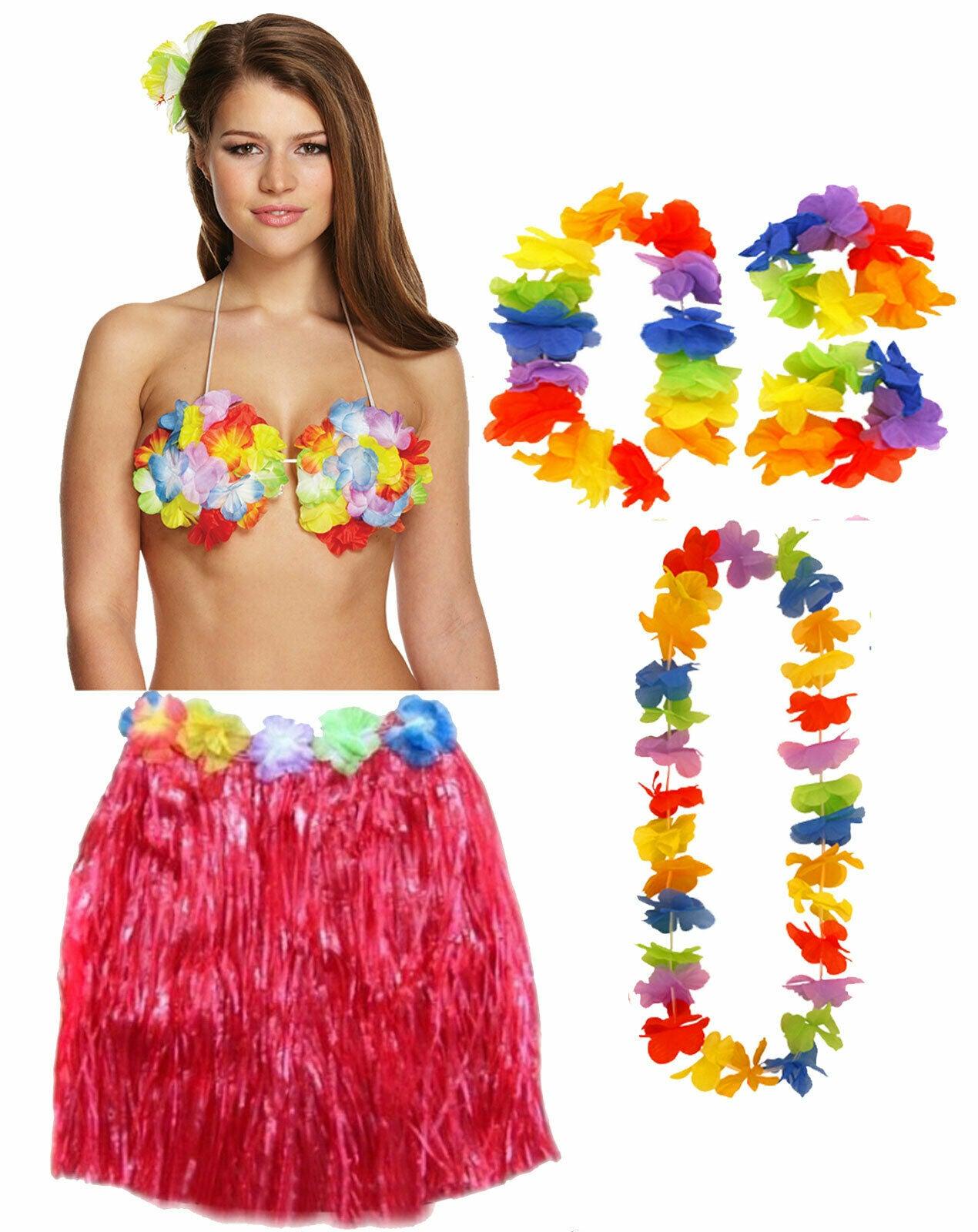 Ladies Girls Red 40 Cm Hula Skirt Lei Set Flower Bra Hawaiian Beach Party Dress - Labreeze