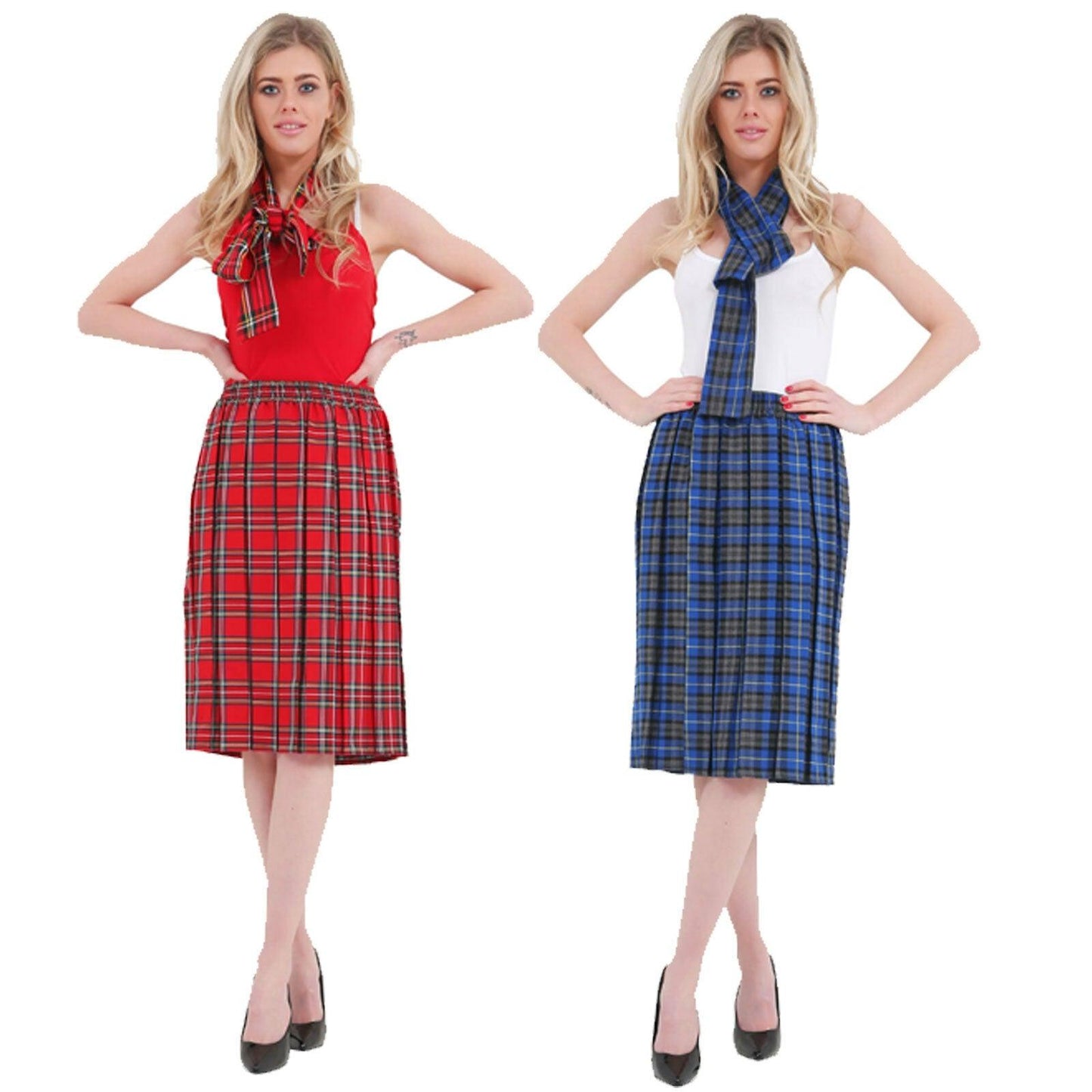 Ladies Girls Tartan Box Pleated Skirt Elasticated Waist 26 inches Party Skirt - Labreeze