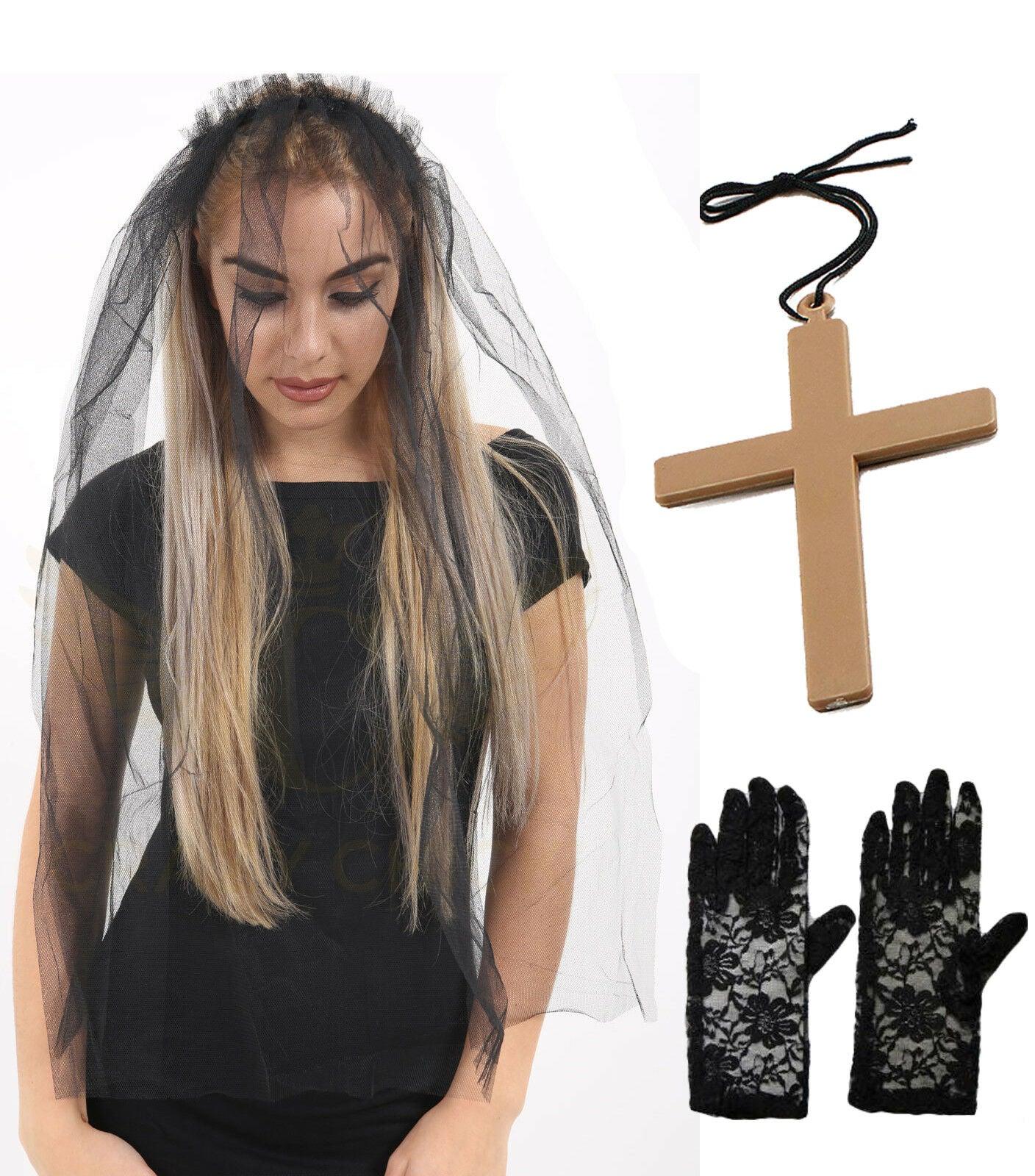 Ladies Girls Veil on Hair Band Lace Gloves Monk Cross Party Evening Fancy Dress - Labreeze