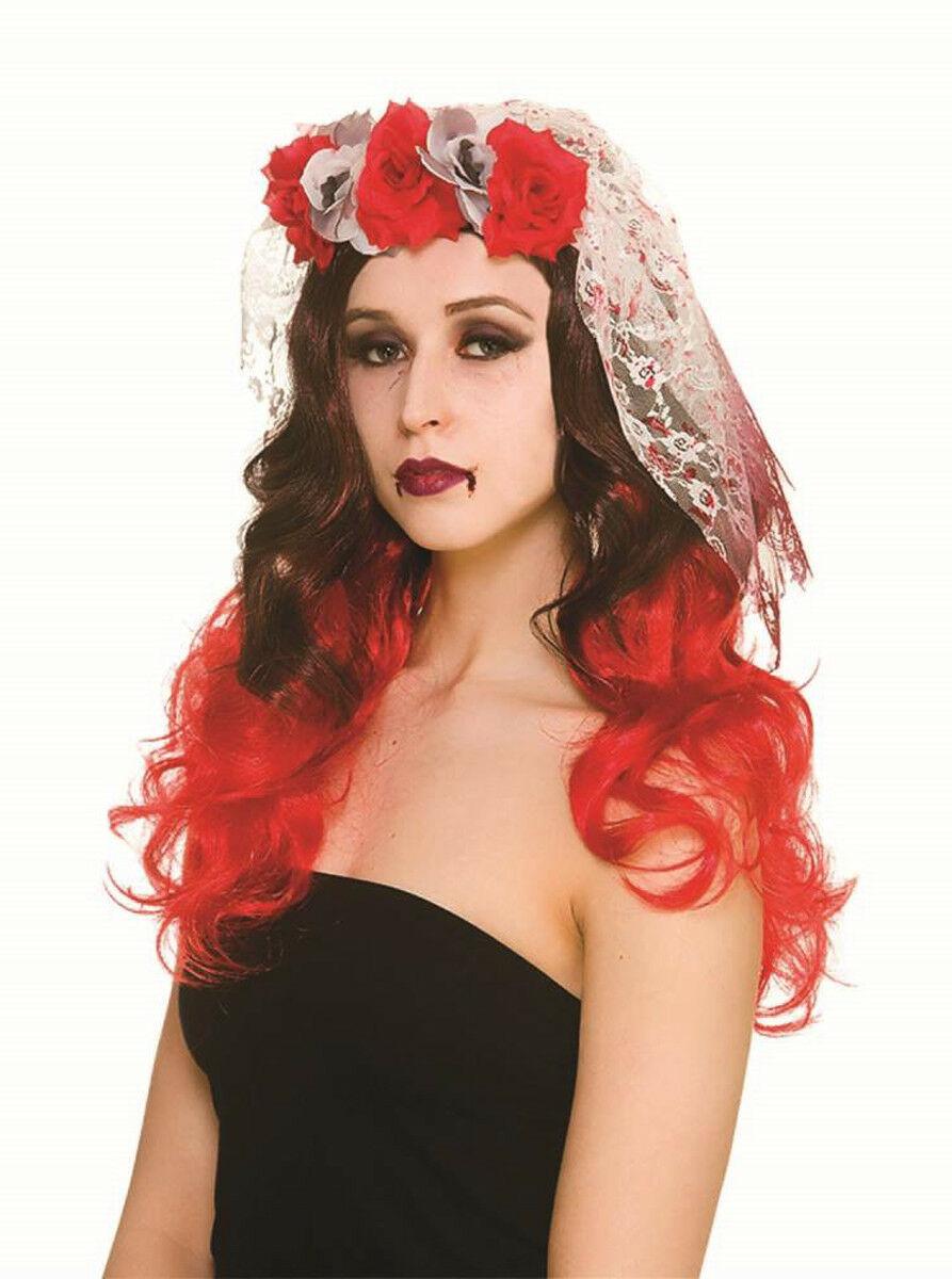 Ladies Girls Zombie Bride Flowers White Veil Halloween Horror Fancy Dress - Labreeze