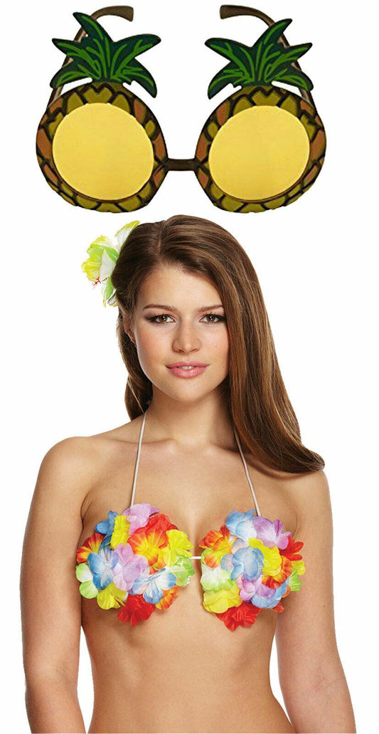 Ladies Hawaiian Flower Hula Bra Pineapple Sunglasses Beach Party Fancy Dress Set - Labreeze