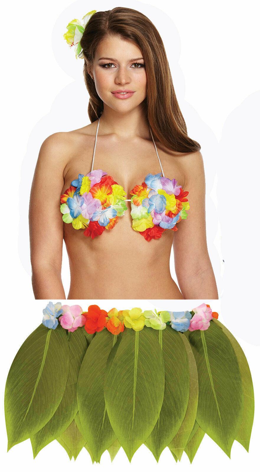 Ladies Hawaiian Flower Hula Bra with Green Leaf Skirt Beach Party Fancy Dress - Labreeze