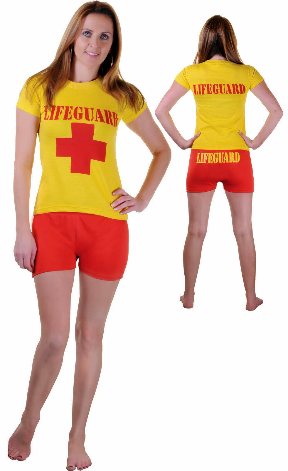 Ladies Life Guard T-shirt Hot Pant Red Yellow Beach Miami Rescue Fancy Dress - Labreeze