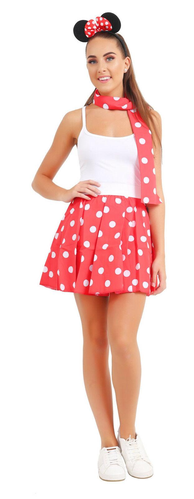 Ladies Minnie Mouse Headband Red White Polka Dot Skirt & Scarf Fancy Dress Set - Labreeze