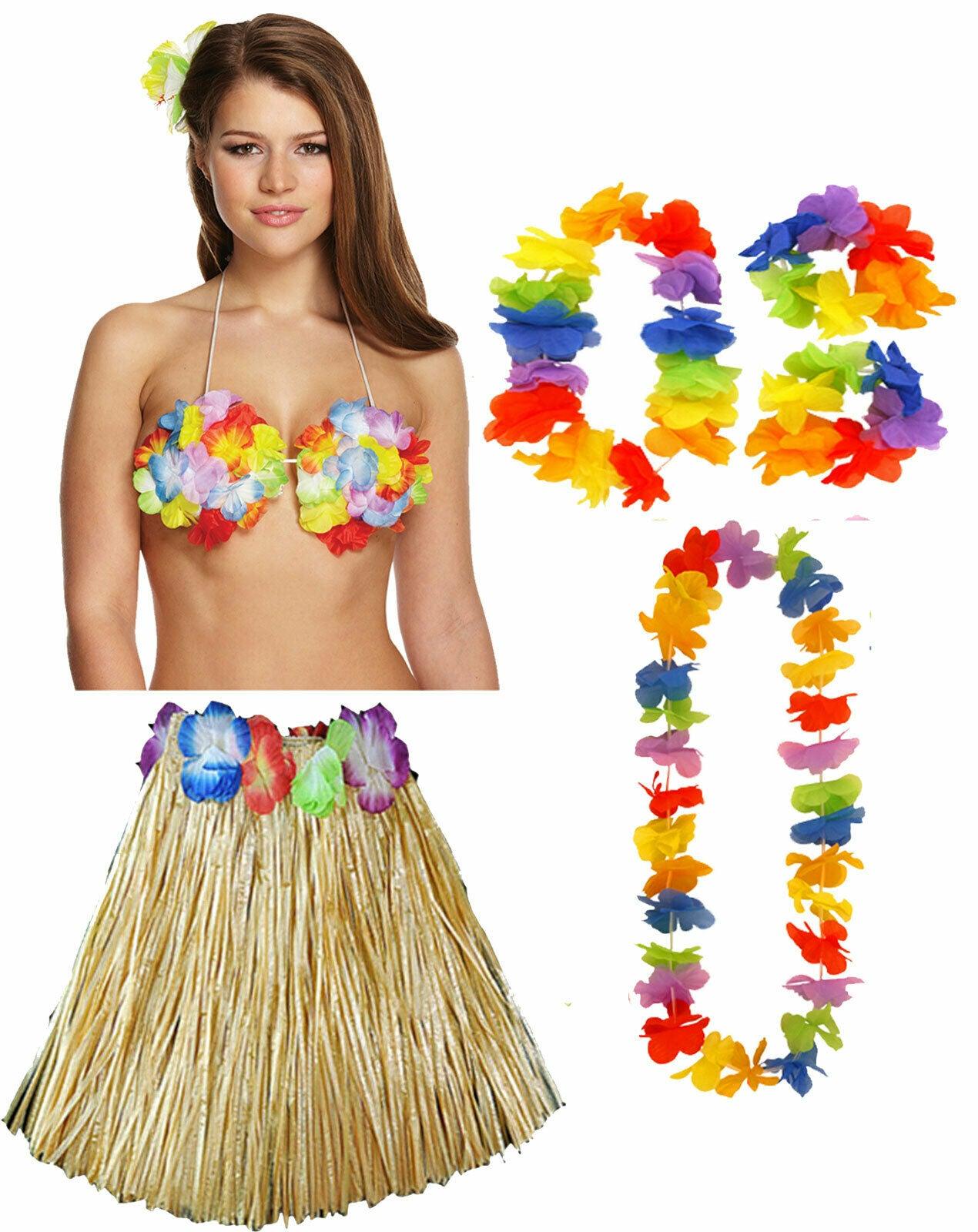 Ladies Multi Hula Skirt 40 cm 4 Pcs Lei Flower Bra Hawaiian Beach Party Costume - Labreeze