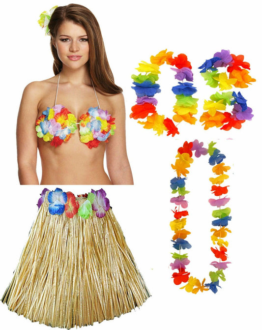 Ladies Multi Hula Skirt 40 cm 4 Pcs Lei Flower Bra Hawaiian Beach Party Costume - Labreeze