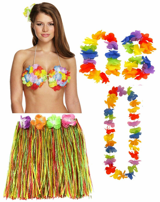 Ladies Multi Hula Skirt 40 cm 4 Pcs Lei Flower Bra Hawaiian Beach Party Costume - Labreeze