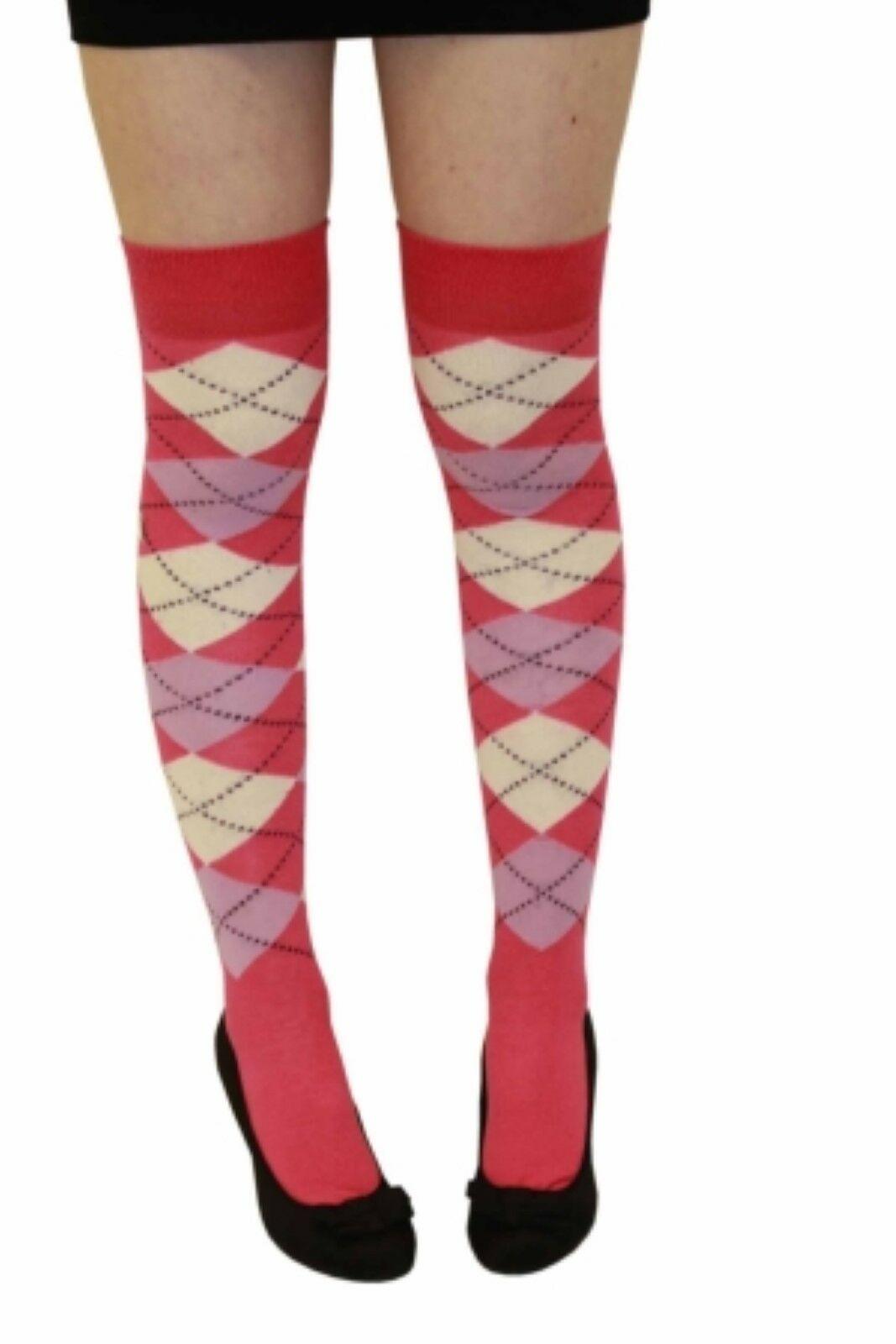 Ladies Pink Lilac and Cream Argyle Thigh High Girls Stretchy Over the Knee Socks - Labreeze