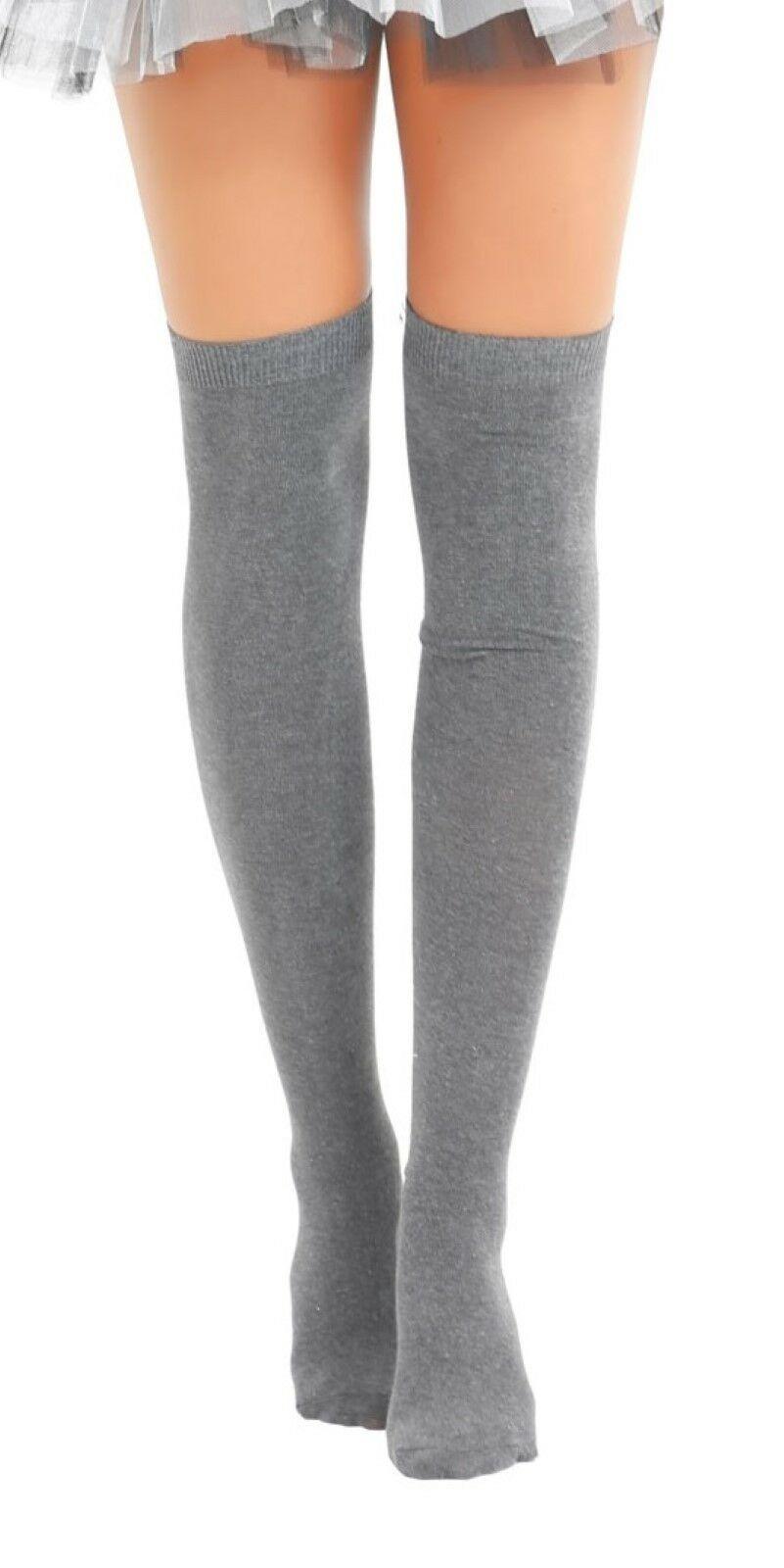 Ladies Plain Lycra Grey Thigh High Girls Stretchy Over the Knee Socks - Labreeze