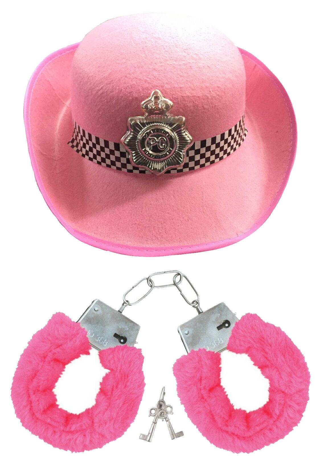 Ladies Police Constable Pink Hat with Furry Fluffy Handcuffs Hen Nights Play - Labreeze