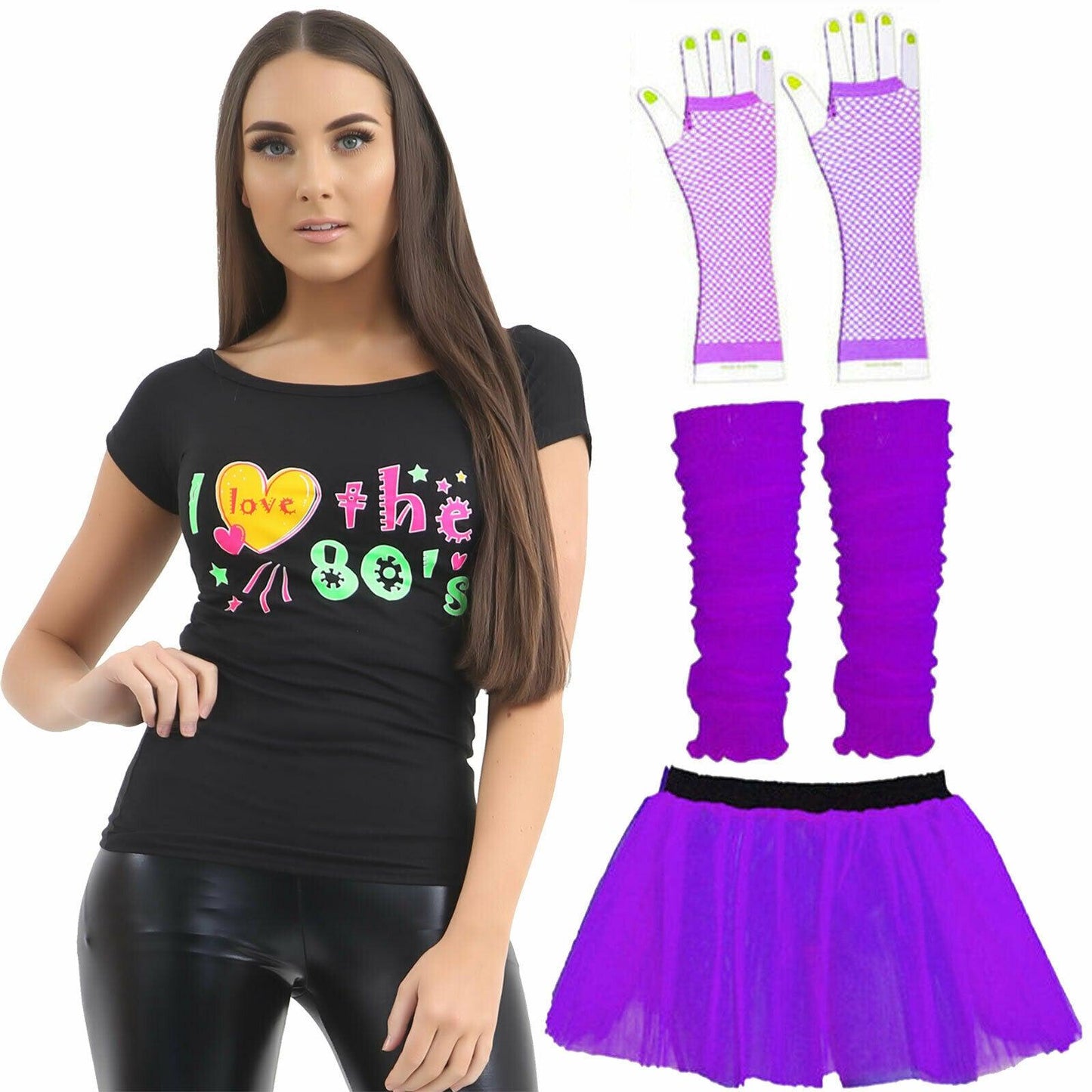 Ladies Purple Tutu T-shirt Gloves Leg Warmers 80’s Neon Festival Fancy Dress Set - Labreeze