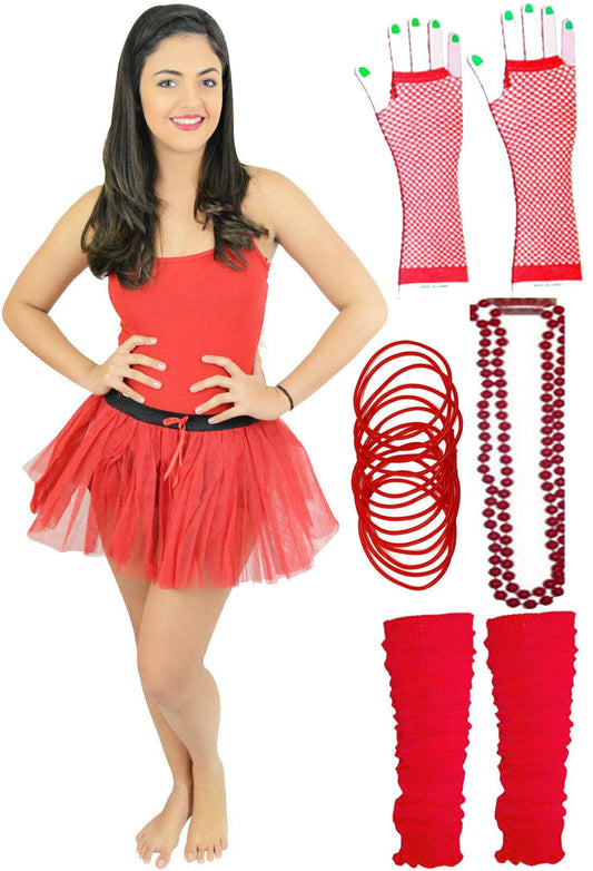 Ladies Red 1980’s Tutu Skirt Legwarmer Beads Gloves Vest Hen Night Party Costume - Labreeze