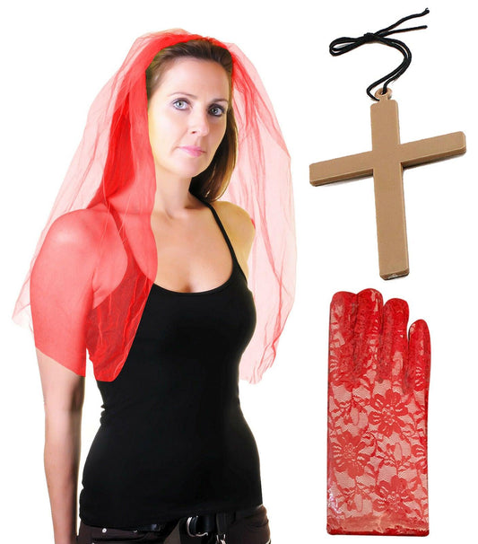 Ladies Red Veil on Hair Band Lace Gloves Monk Cross Christmas Fancy Dress - Labreeze