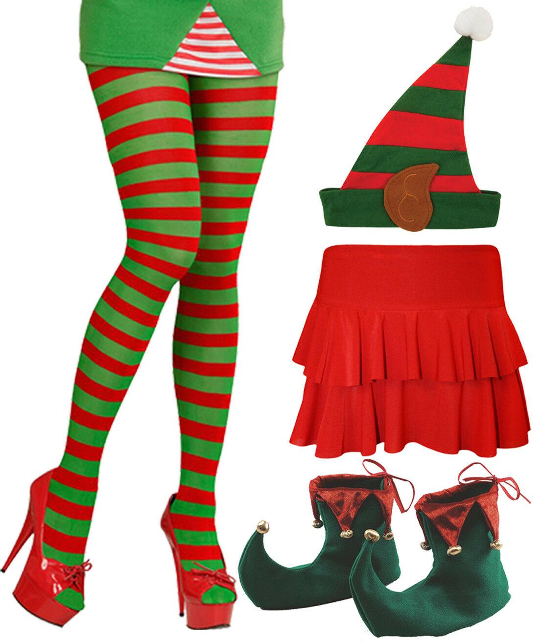 Ladies Santa Helper Elf Tights Rara Skirt Hat Shoes Christmas 4 Pc Fancy Dress - Labreeze