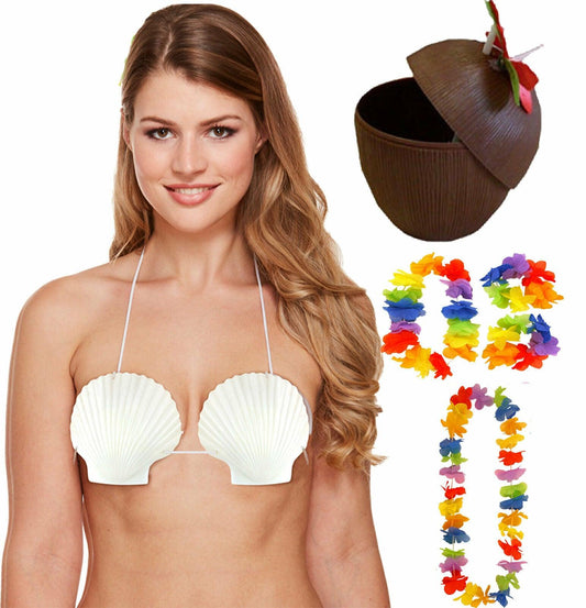 Ladies Sea Shell Bra Coconut Cup 4 Pc Lei Hawaiian Summer Beach Party Set - Labreeze