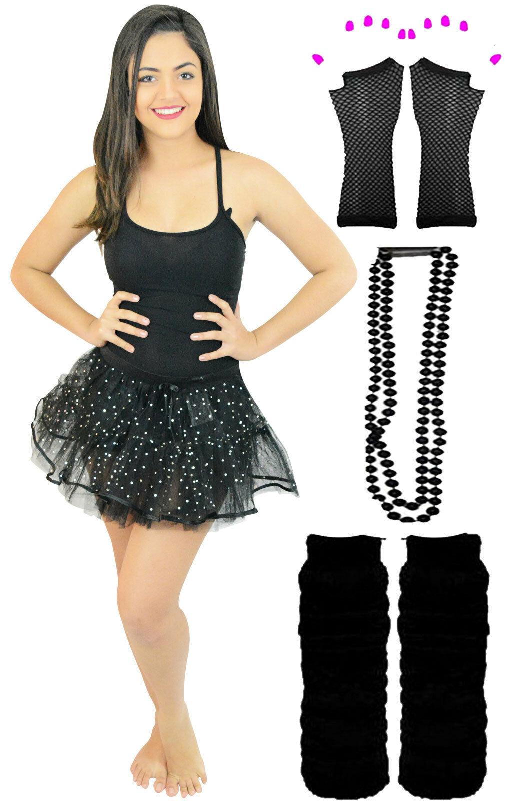 Ladies Sequin Tutu Skirt Beads Legwarmer Gloves Vest Black Hen Night Costume - Labreeze