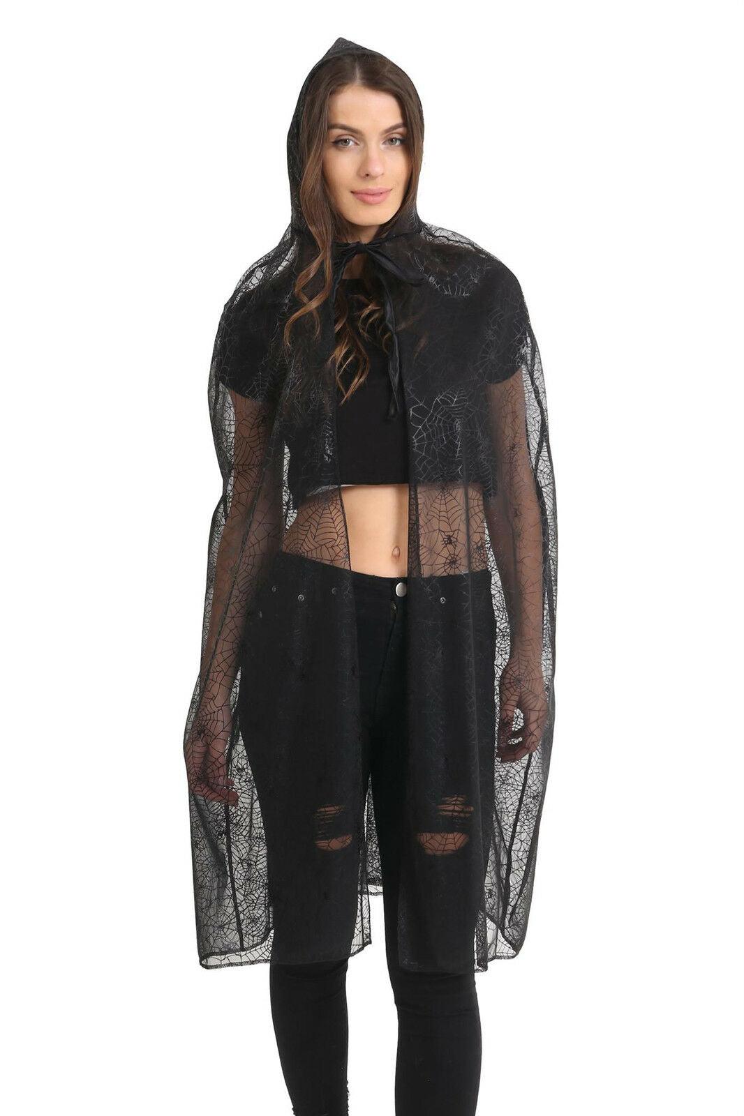 Ladies Spider Web Hooded Long Cape Cloaks Halloween Fancy Dress Party Costume - Labreeze