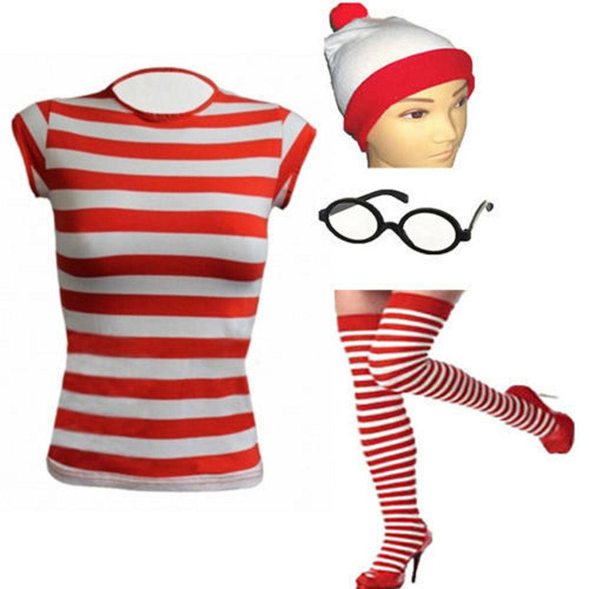 LADIES STRIPED RED WHITE T-SHIRT SET WHERES CHARACTER FANCY DRESS COSTUME - Labreeze